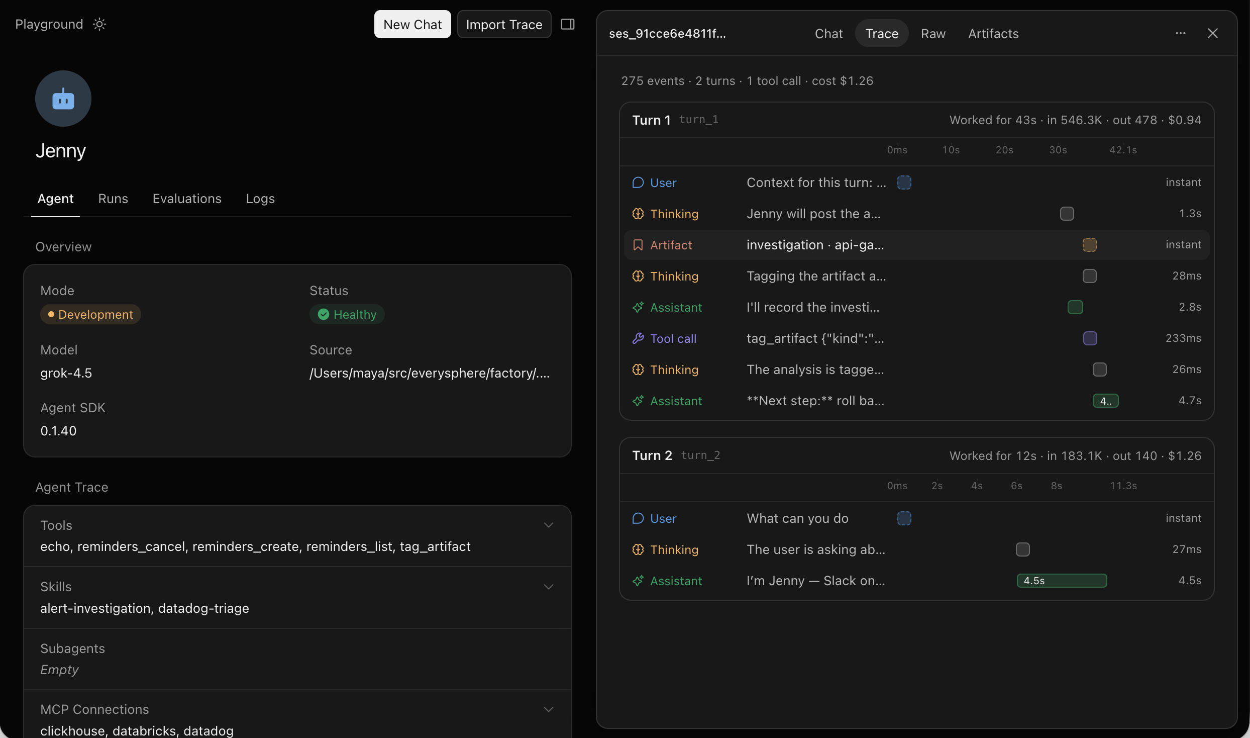 Cursor Agent SDK playground with a session trace
