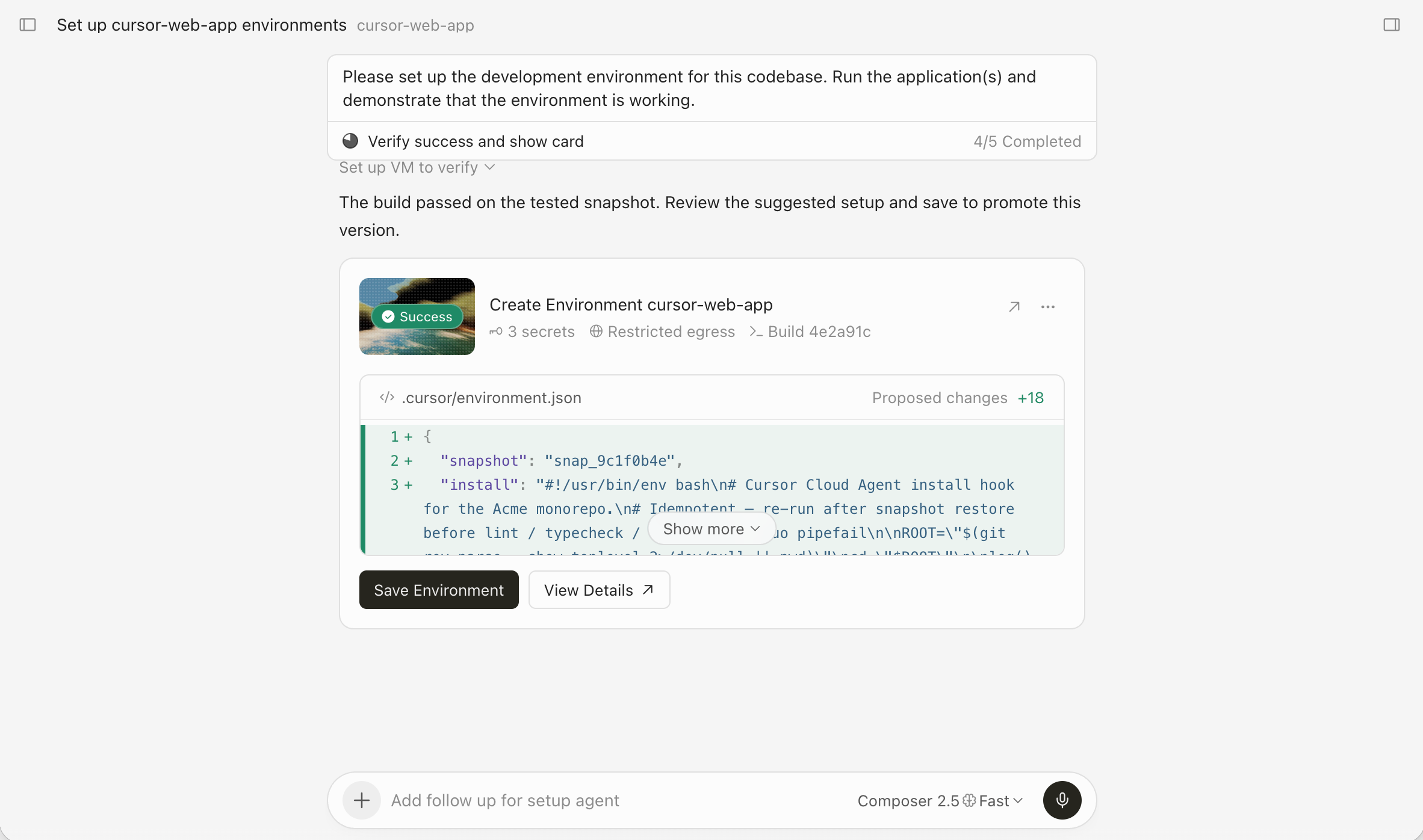 Save a newly created Cursor cloud agent environment