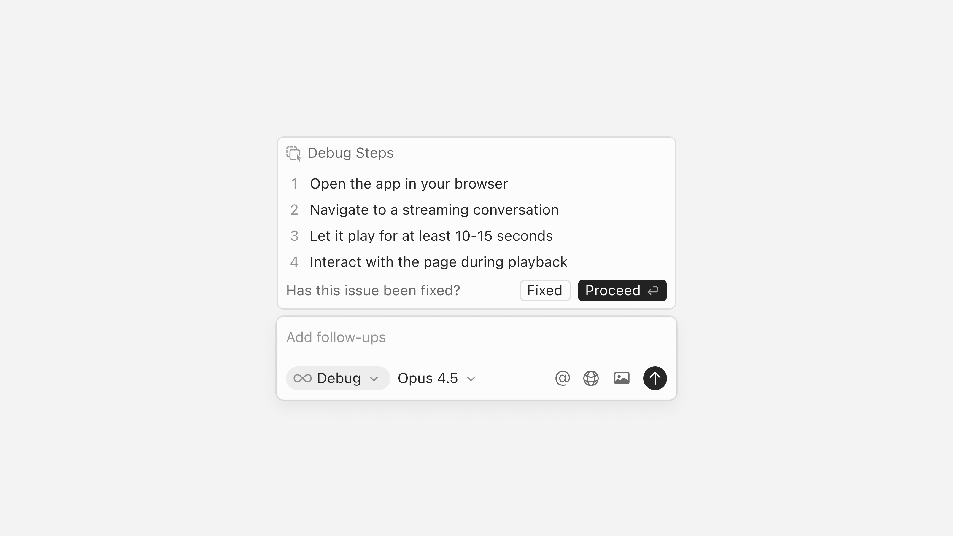 Cursor debug steps with follow-up composer