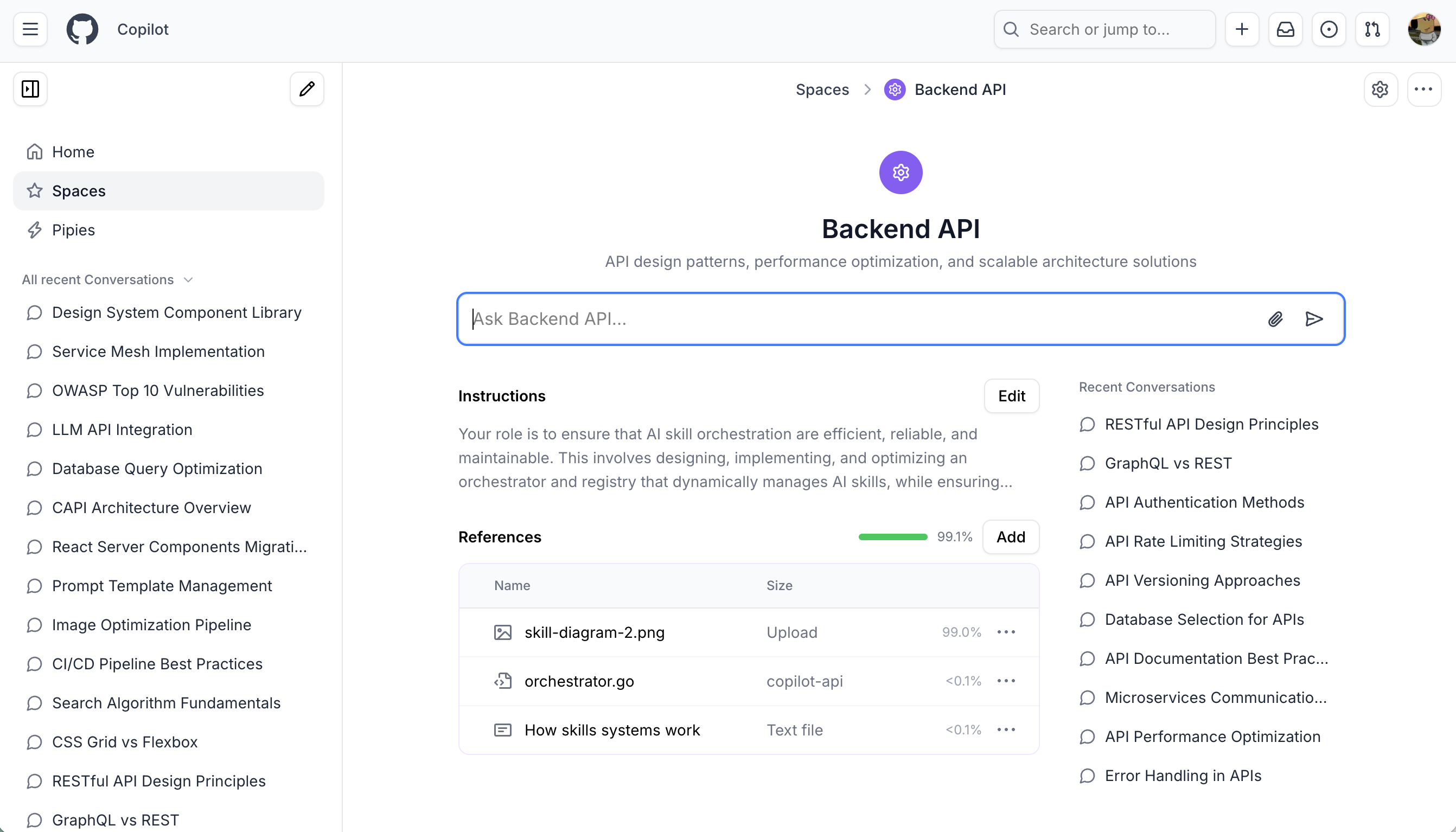GitHub Copilot Space for Backend API with instructions and references